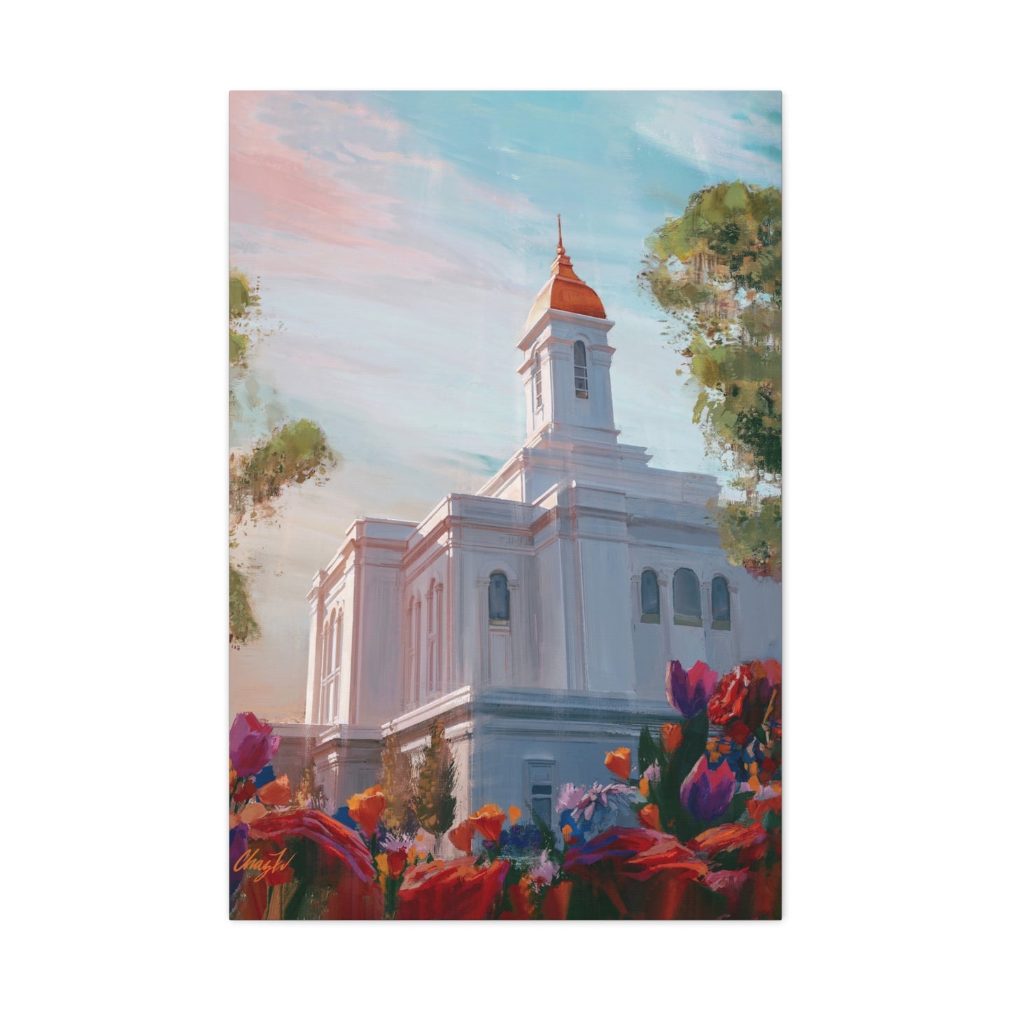 Canvas Gallery Wrap--Deseret Peak Temple--Spring Flowers, by Chaz Walgamott